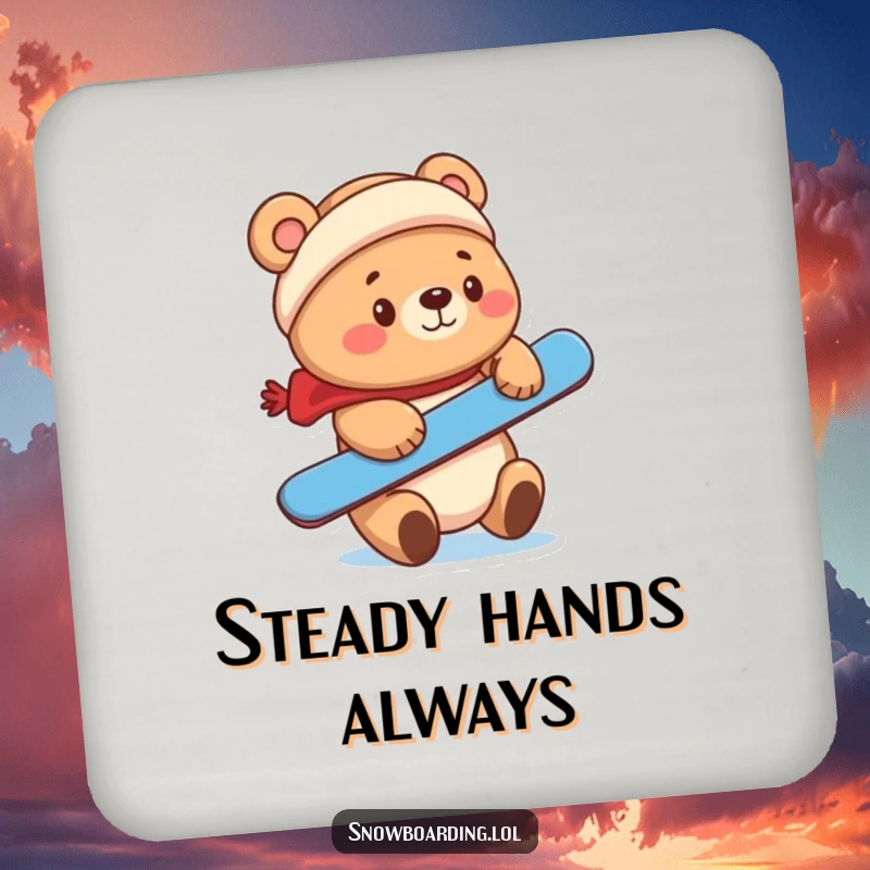 Funny cute bear balancing a snowboard on its nose on a drink coaster.