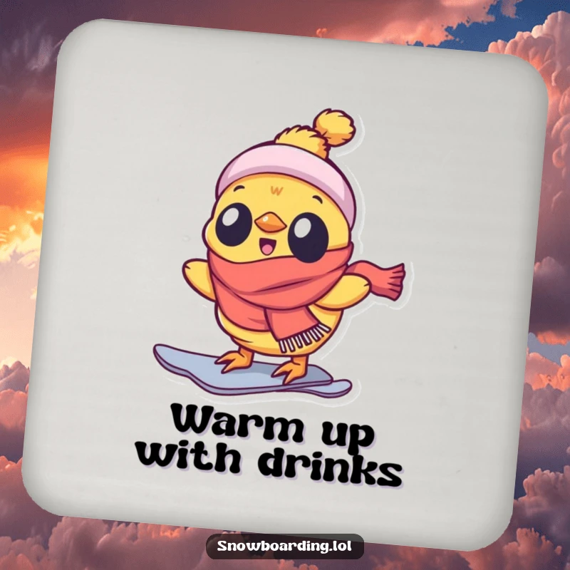 Funny drink coaster with a delighted chick snowboarding enthusiastically, protecting surfaces with a smile.