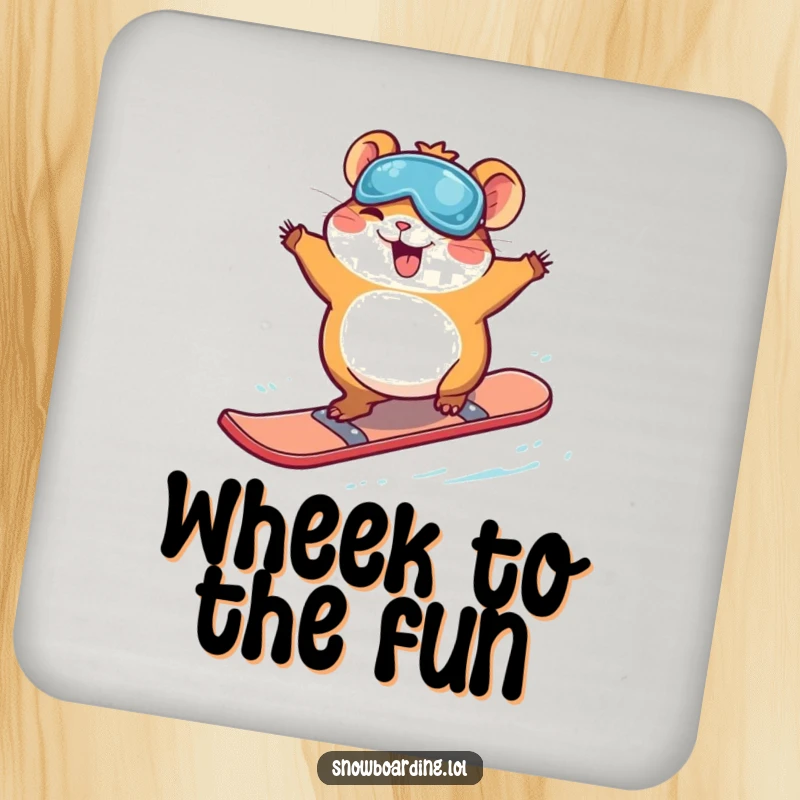 Funny giggling hamster mid-jump on a snowboard, a humorous coaster design that adds playful protection to any surface.