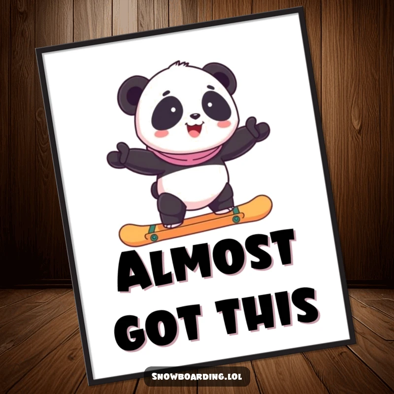 Funny happy panda balancing on a snowboard, creating a humorous and eye-catching poster.