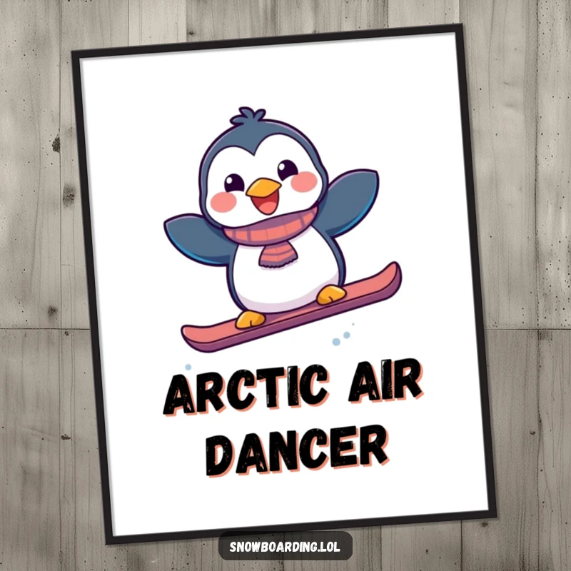 Funny joyful penguin leaping with a snowboard, framed as hilarious winter sports wall art for a playful vibe.