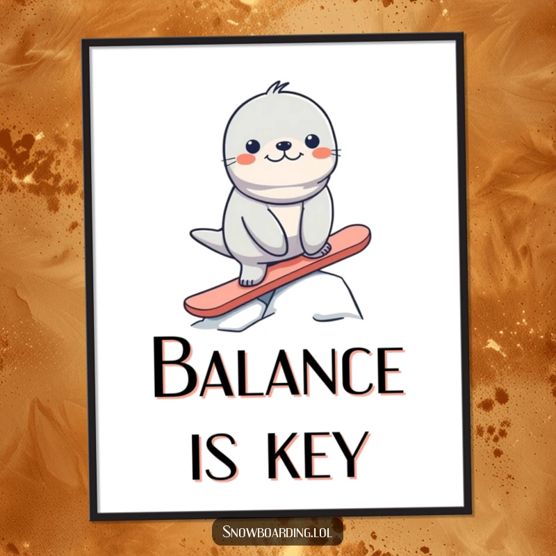 Funny seal confidently (but awkwardly) riding a snowboard downhill, capturing hilarious Arctic adventure in art.