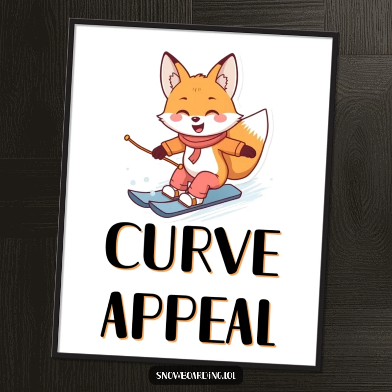 Funny poster showcasing a smiling fox expertly carving snowboard turns, capturing smooth winter action and style.