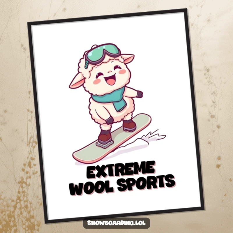 Funny poster print of a sheep with a huge grin, wobbly attempting to snowboard downhill. Great for room decor.