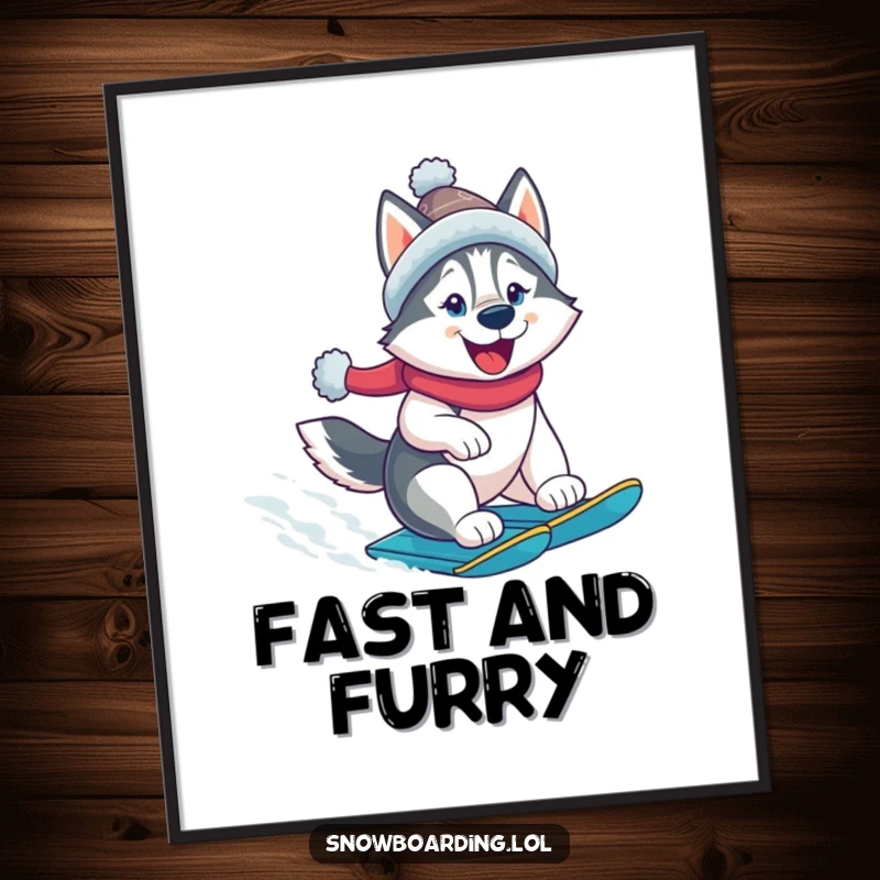 Funny husky poster, a cheerful dog in a winter hat snowboarding down a snowy slope. Dynamic and humorous wall art.