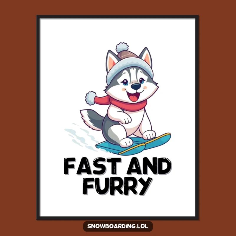 Funny Husky Snowboarder Poster: Cheerful Dog, Extreme Winter Art, Action Gift