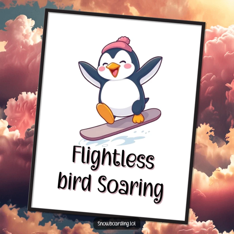 Funny Penguin Snowboard Poster: A penguin hilariously attempts a jump on a snowboard, arms flailing in a comical way.