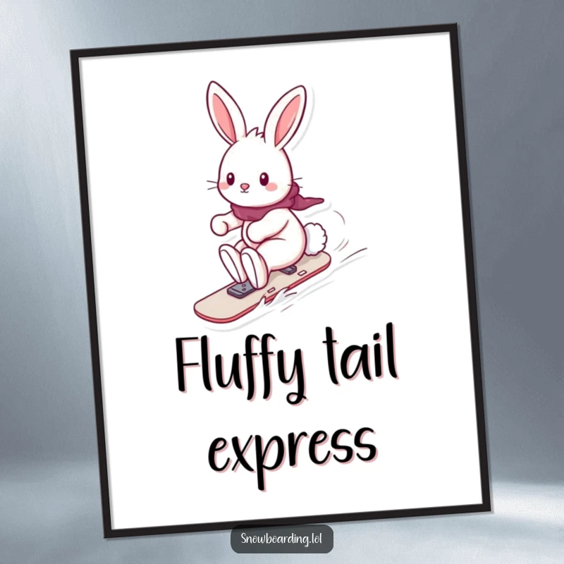 Funny poster of a playful bunny snowboarding with its fluffy tail trailing, a cute and humorous piece of art for any room.