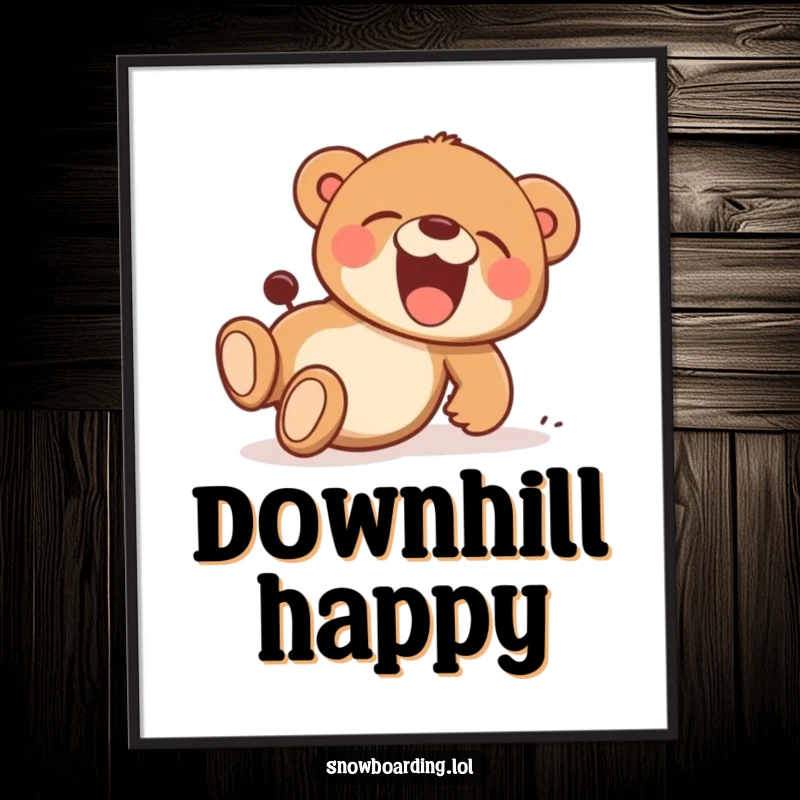 Funny poster showcasing a bear cub gleefully tumbling downhill, laughing, a cartoon character radiating pure, uninhibited joy.