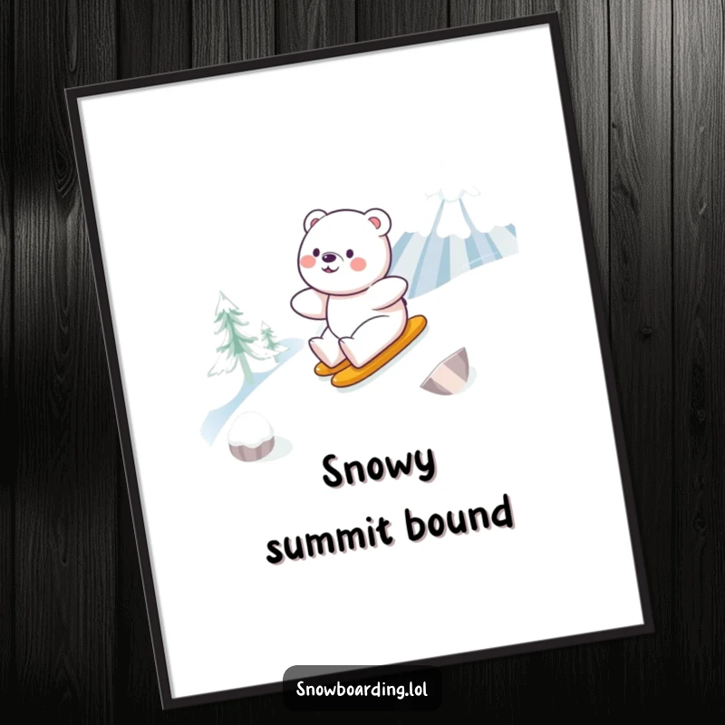 Funny poster of a happy bear smoothly snowboarding down a snowy mountain, perfect for bringing winter joy to any room.