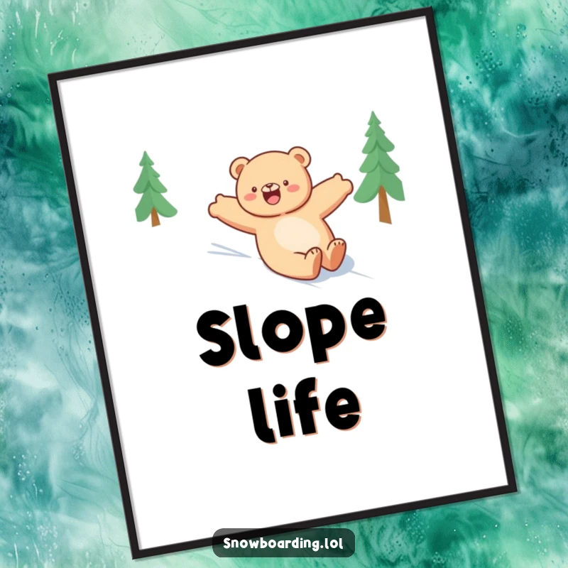 Funny bear art poster, happily sliding down a snowy slope with arms outstretched, celebrating the joy of winter and fun.