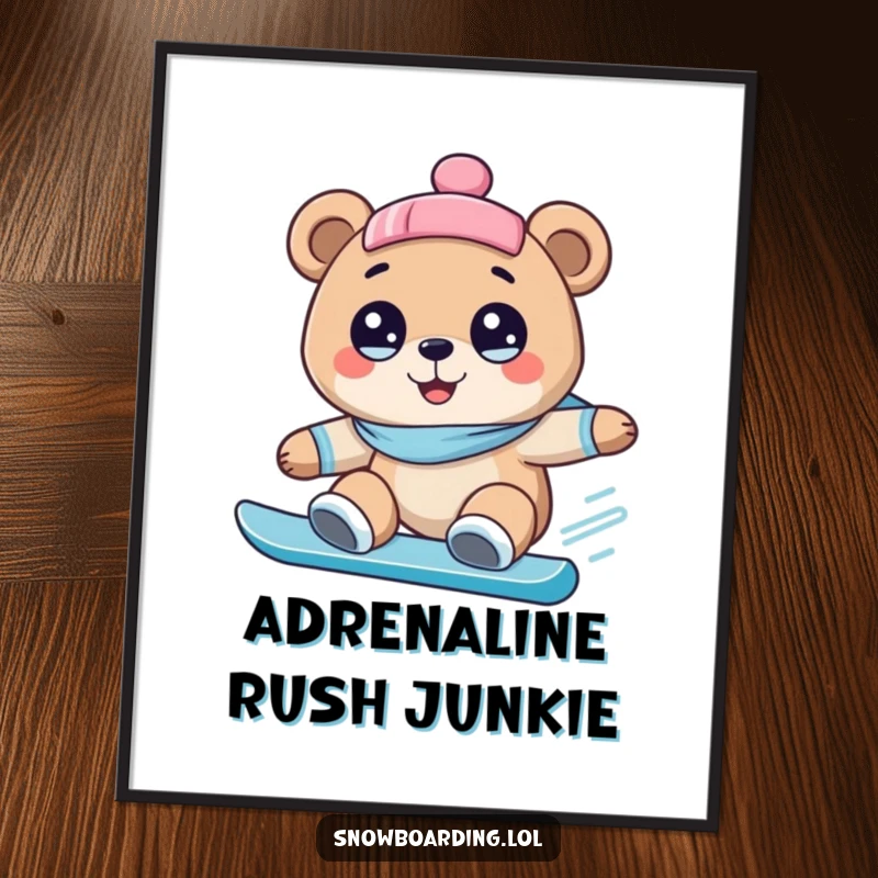 Funny poster print of a happy bear with wide eyes, mid-snowboard run, conveying humorous excitement and a love for the downhill.