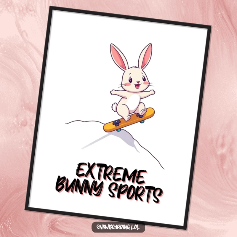 Funny poster of a bouncing bunny precariously riding a board downhill, perfect for adding energetic and humorous wall art.
