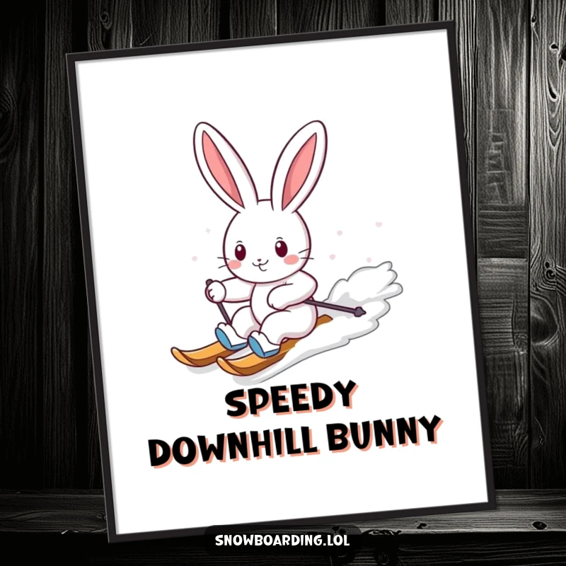 Funny poster print of a cheerful bunny expertly carving down a snowy slope on a snowboard, conveying humorous winter action.