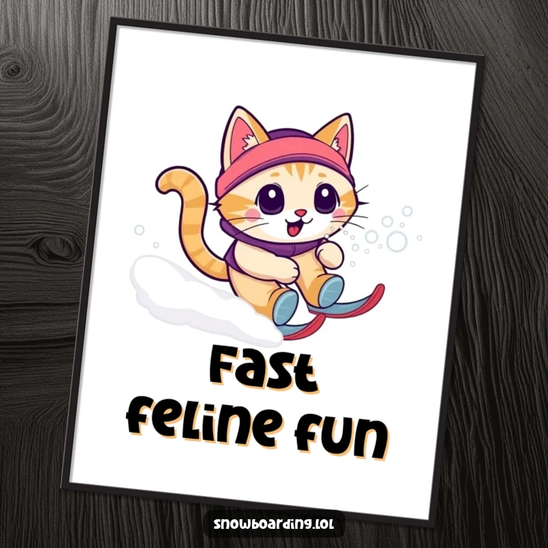 Funny cat snow zoomie poster capturing the energetic motion of a cat speeding downhill, creating dynamic and humorous wall art.