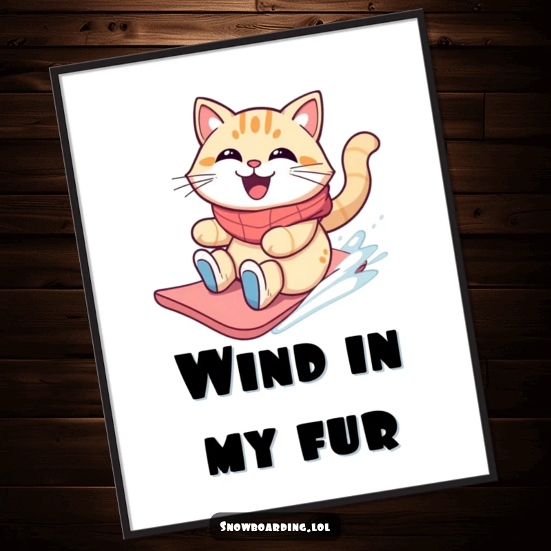 Funny grinning cat sliding on a snowboard with windblown fur, printed as a poster.