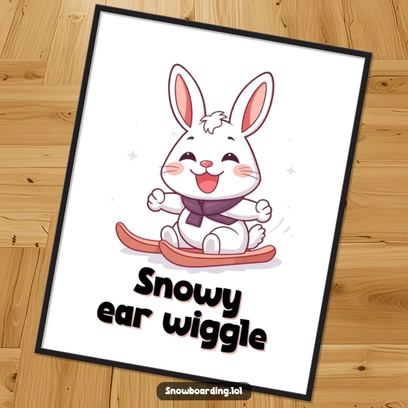 Funny cheerful rabbit grinning widely while making a snowboard turn in the snow, a joyful and humorous poster for walls.