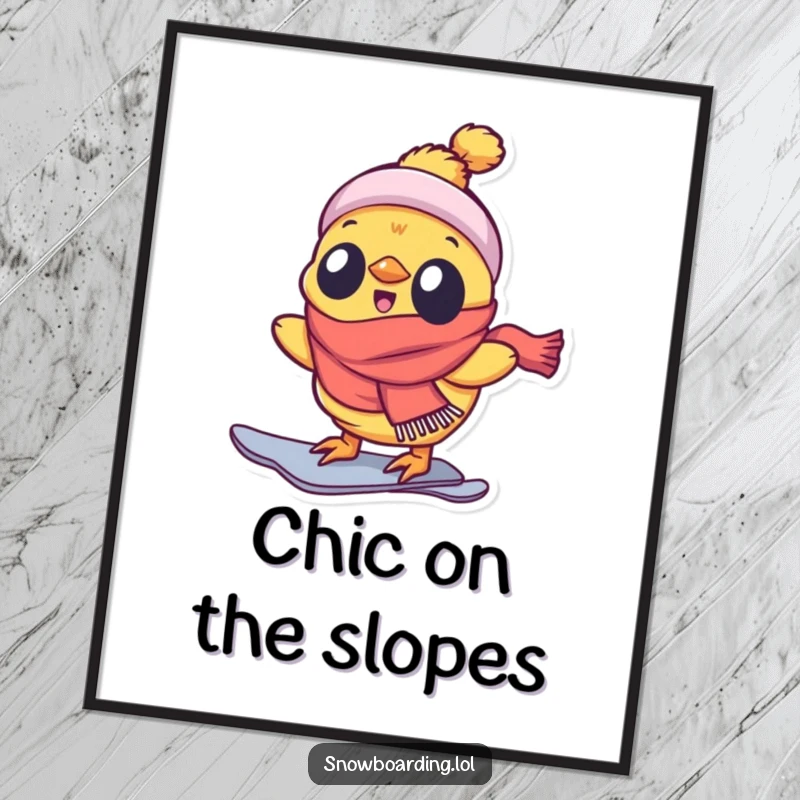 Funny poster featuring a delighted chick wearing a scarf, snowboarding with pure excitement.