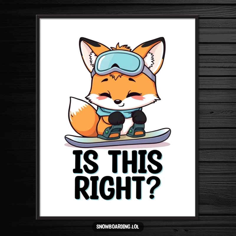 Funny curious fox smiling while inspecting snowboard bindings, a clever and humorous poster for winter sports enthusiasts.