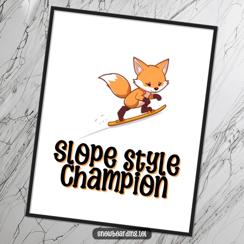 Funny fox skiing poster, depicting a determined fox gliding speedily down a vast white snowy slope, capturing winter's fun.