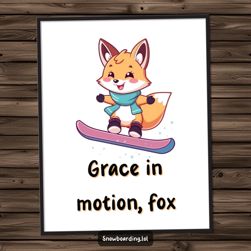 Funny poster print of a smiling fox performing a playful snowboard jump, capturing humorous action and winter sport excitement.