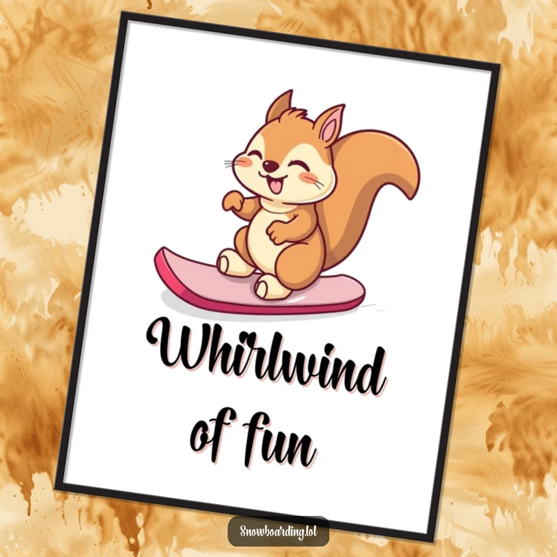 Funny giggling squirrel spinning on its snowboard, a humorous poster for vibrantly joyful wall decor.