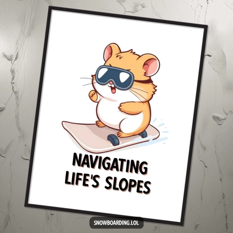 Funny Hamster Snowboard Poster, depicting a curious character hilariously trying to steer, adding charm to winter decor.
