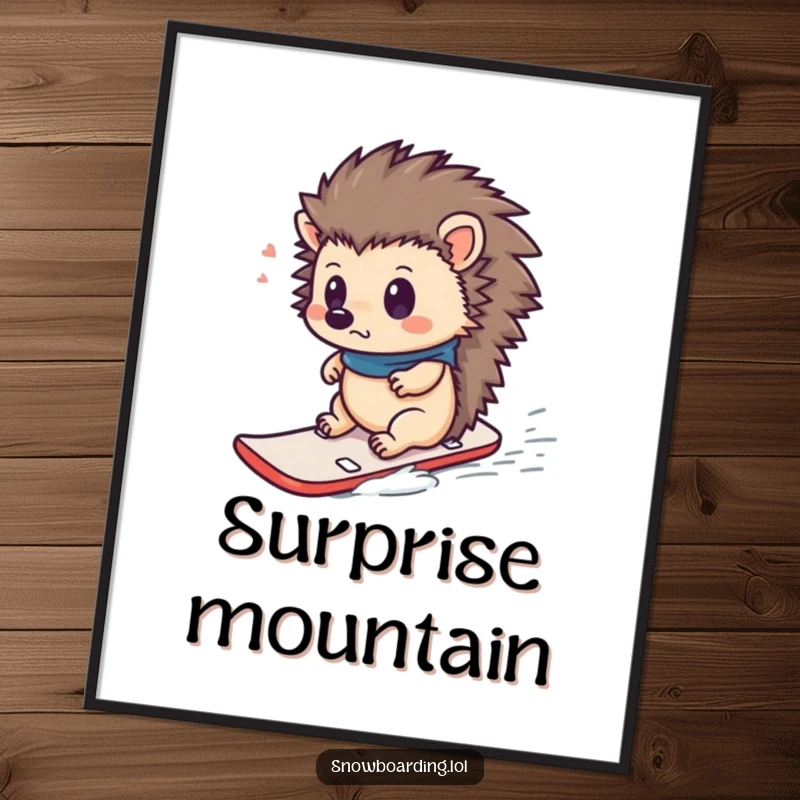 Funny poster art of a curious hedgehog looking surprised while riding a tiny snowboard, conveying winter fun and humorous discovery.