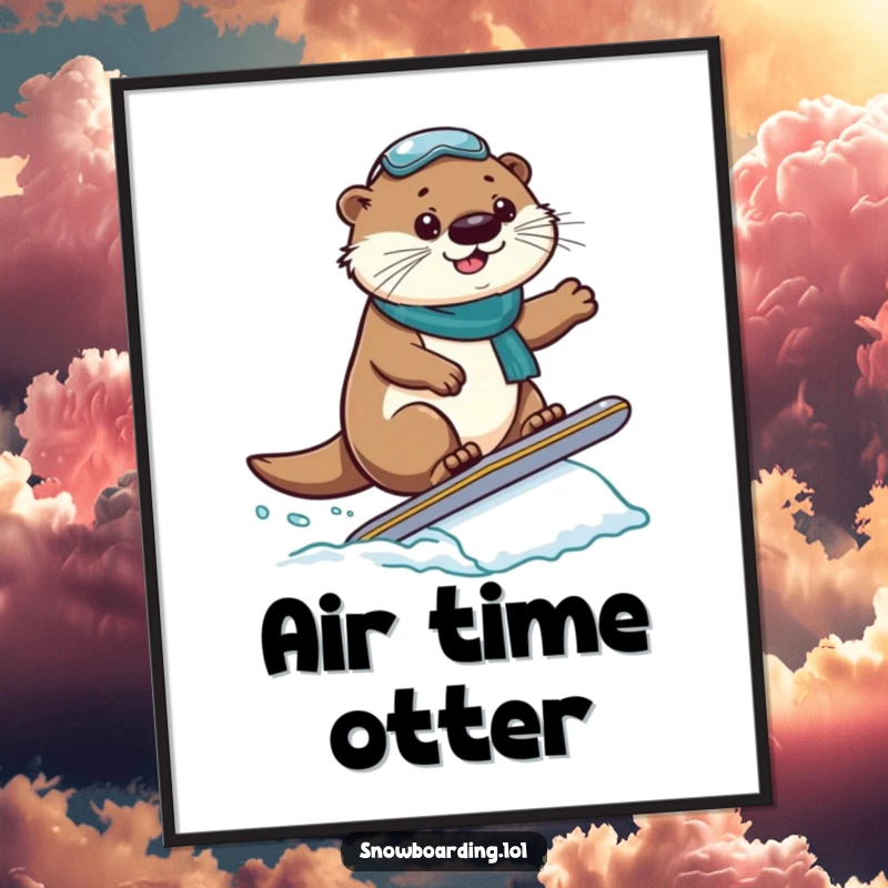 Funny Poster: A proud otter lands a small snowboard jump, capturing a moment of winter sports triumph.