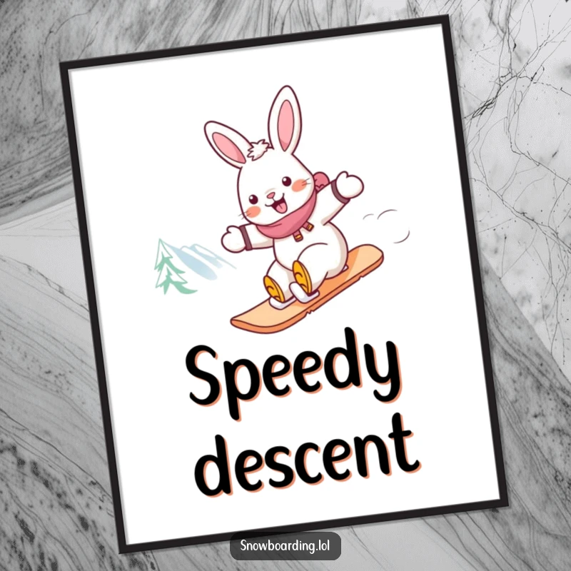 Funny rabbit snowboarding poster, a cheerful rabbit in full zoom on a snowboard down a snowy mountain, full of glee.