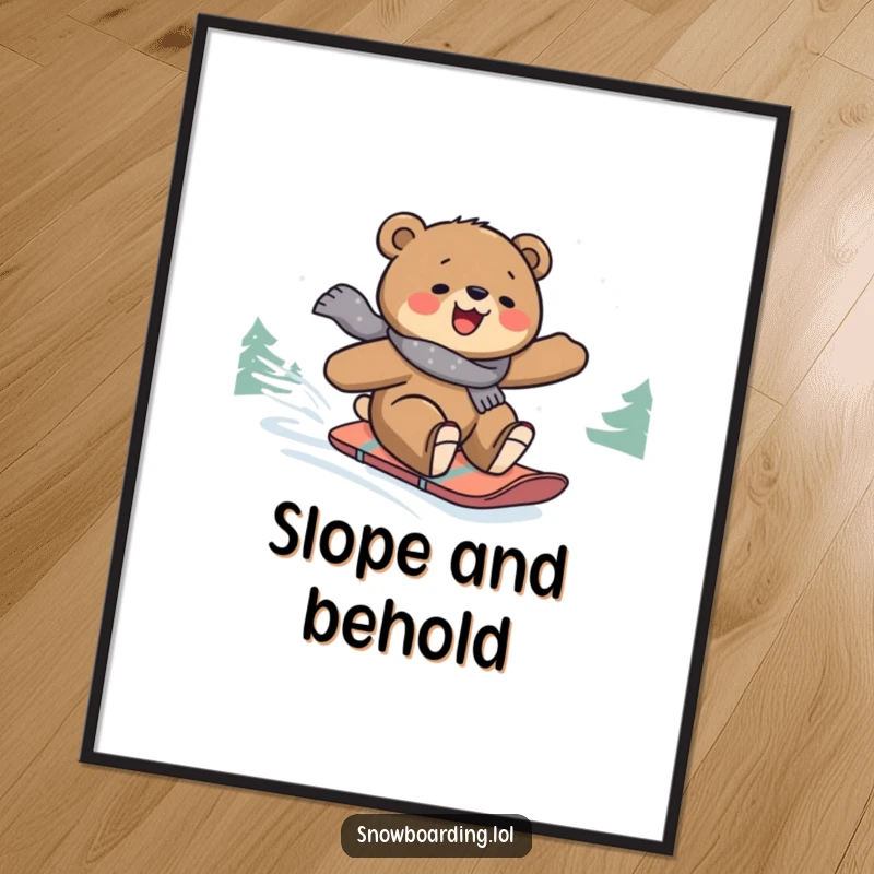 Funny poster showcasing a bear gleefully snowboarding down a snowy mountain, capturing the essence of winter fun and excitement.