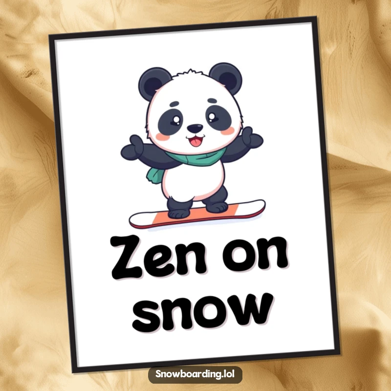 Funny poster showcasing a determined panda balancing on a snowboard with a proud smile, representing focus and winter success.