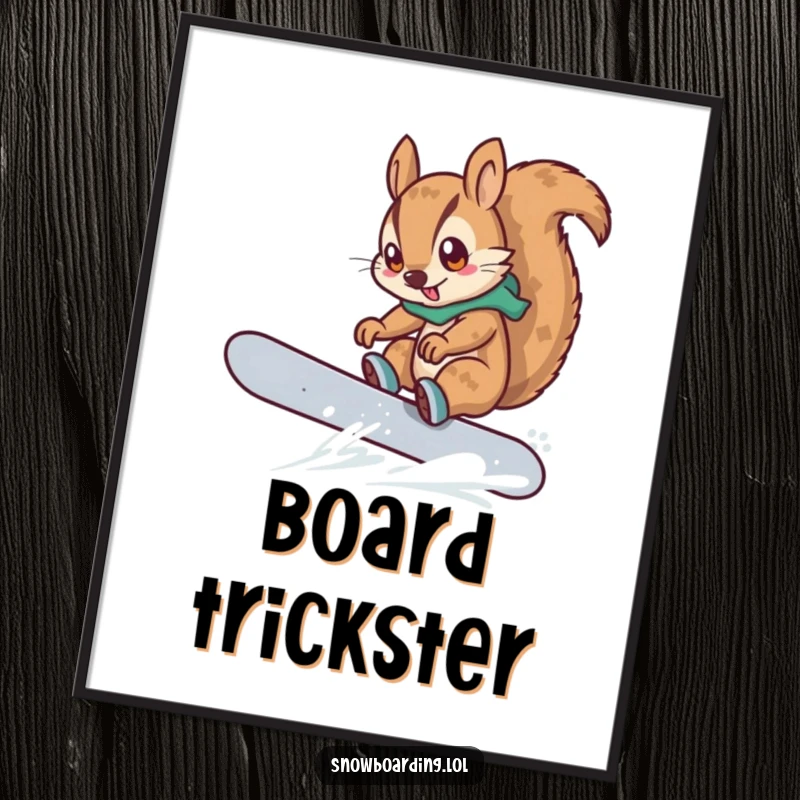 Funny poster of a determined squirrel snowboarding and attempting a trick, a cartoon character embodying extreme winter sports.