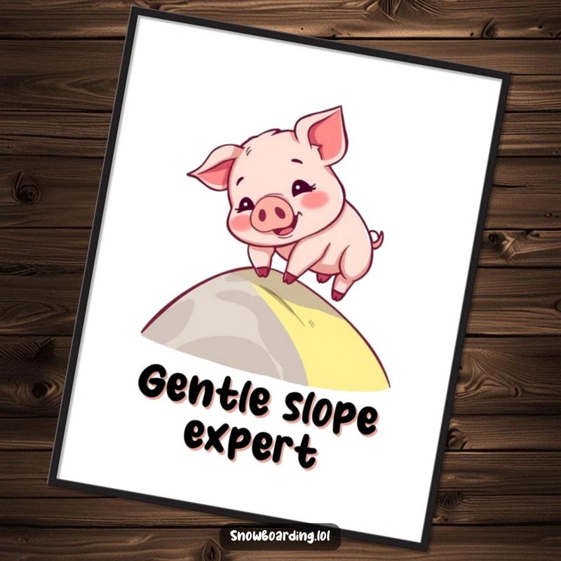 Funny poster of a playful piglet comically wobbling down a gentle slope, a cartoon character embodying irresistible charm.