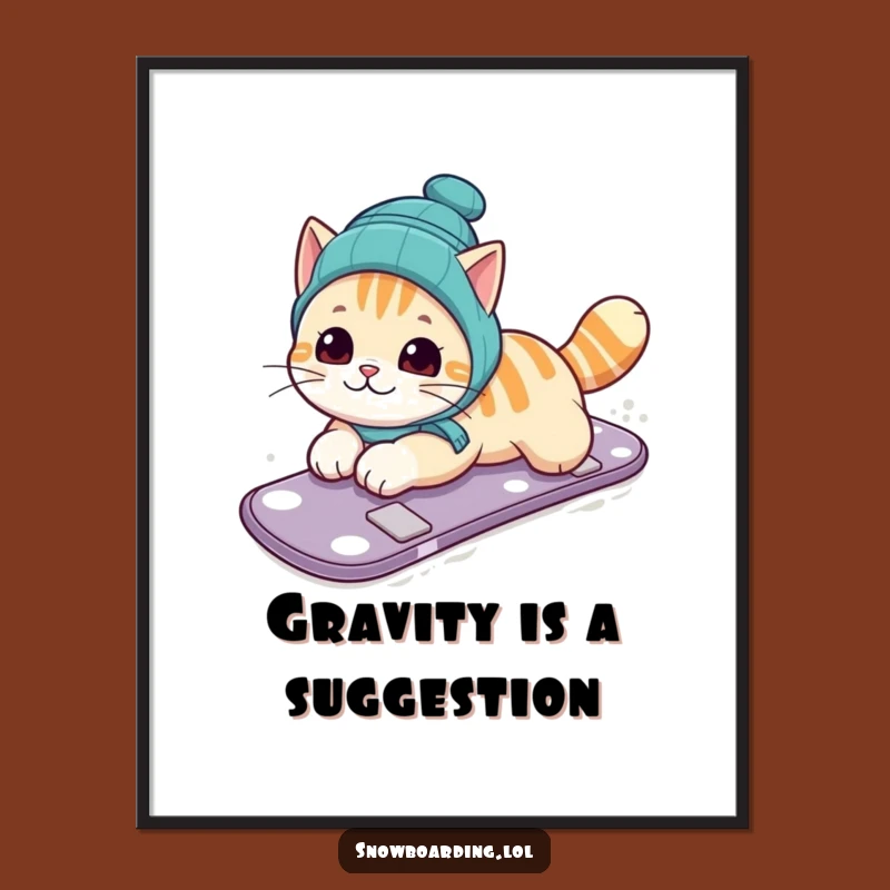 Funny Cat Snowboarding Poster: Belly Slide Style - Hilarious Feline Art