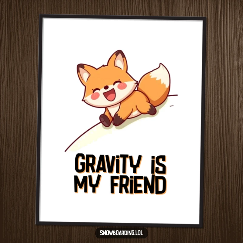 Funny, joyful fox sliding on its belly down a slope, perfect for a fun and cheerful poster.