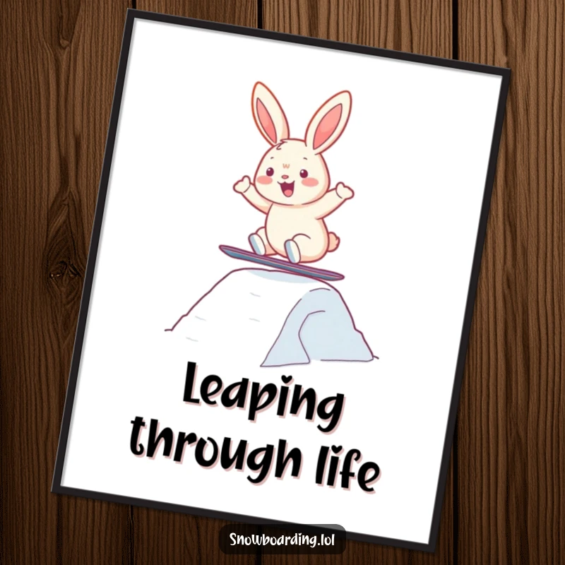 Funny poster showcasing a cheerful bunny snowboarding and jumping over a snow feature, capturing winter excitement.