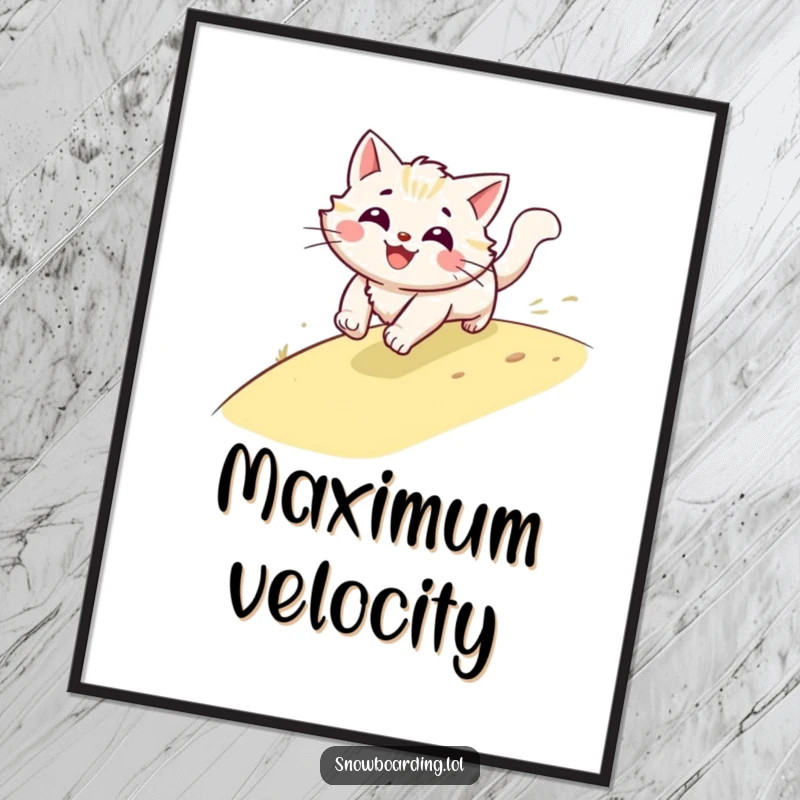 Funny cat art poster, a smiling blur of fur speeding downhill, capturing the fast-paced fun of beloved feline friends.