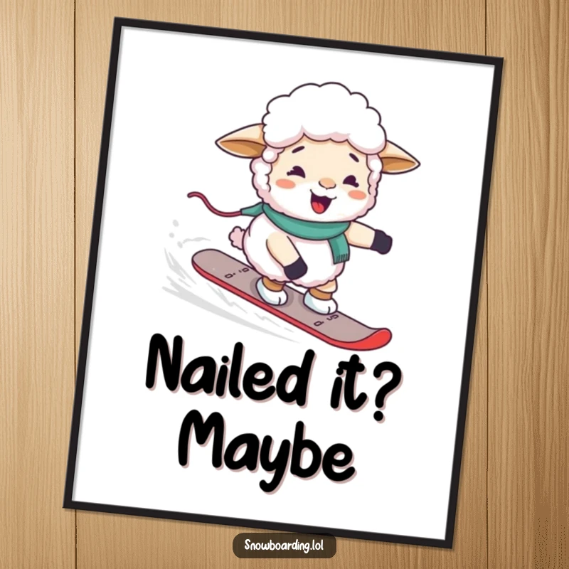 Funny giggling sheep awkwardly steering a snowboard, creating a humorous and charming poster.