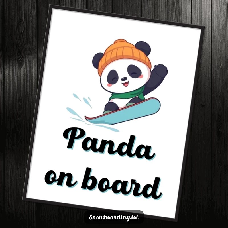 Funny panda snowboard poster illustrating a panda executing a daring flip on a snowboard, bringing dynamic humor to wall decor.