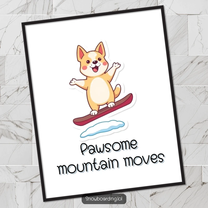 Funny poster with a happy, dancing dog balancing perfectly on a snowboard, its tail wagging with pure delight.