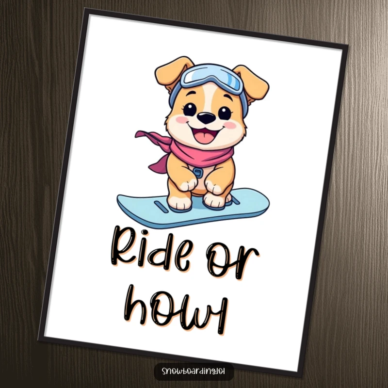 Funny Poster: A happy puppy masterfully snowboards with a big grin, capturing the thrill of winter sports.