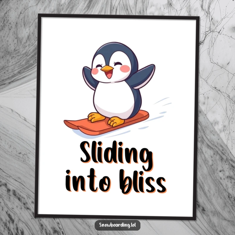 Funny joyful penguin carving down a snowy slope on a snowboard, printed as a poster.