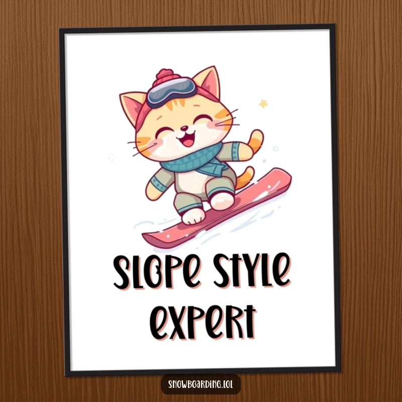 Funny snowboarding cat poster, a happy cat in mid-carve on a snowy slope, radiating infectious excitement and a big smile.