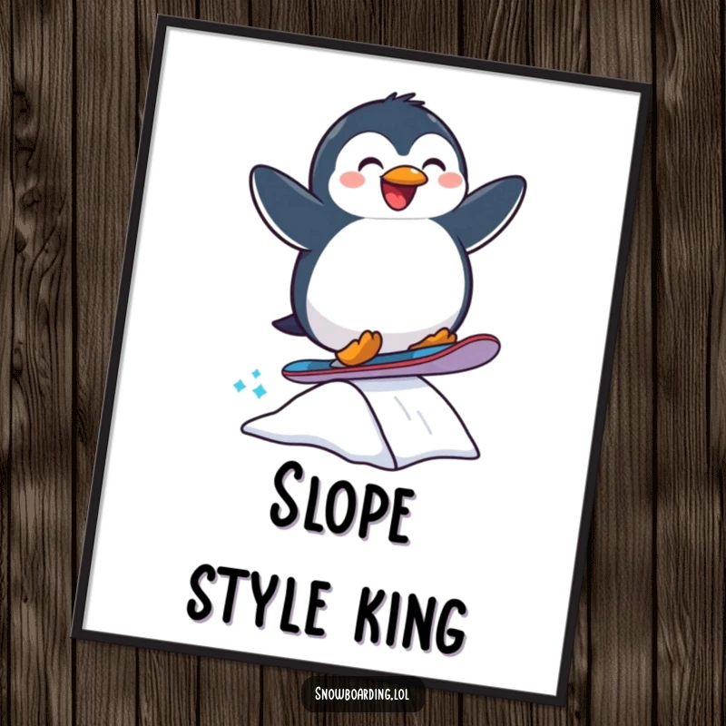 Funny poster of a joyful penguin snowboarding mid-air off a ramp, full of winter sports excitement.