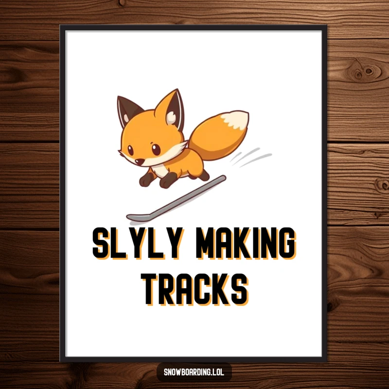 Funny poster of a determined fox snowboarding swiftly down a white slope, capturing speed and focus with a humorous touch.