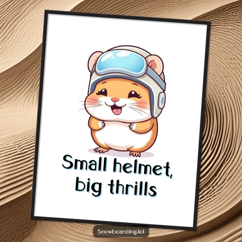 Funny Poster: A giggling hamster wears a tiny snowboard helmet, ready for winter sports fun.