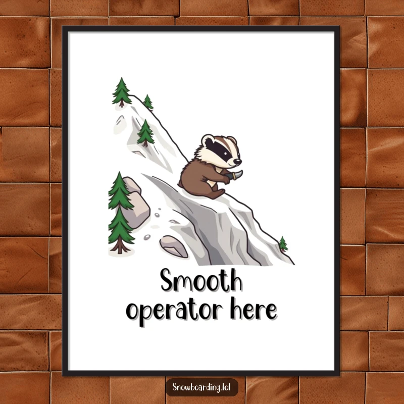 Funny poster depicting a brave badger confidently snowboarding down a mountain, carving smooth, impressive turns.