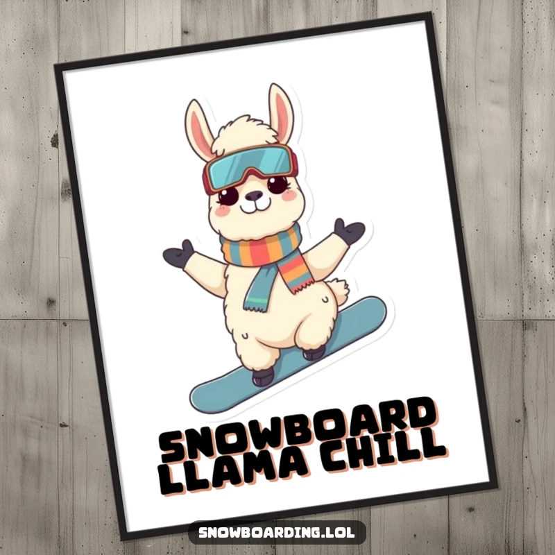 Funny Llama Snowboarder Poster: A happy llama striking a cool pose on a snowboard, a vibrant piece of wall art.