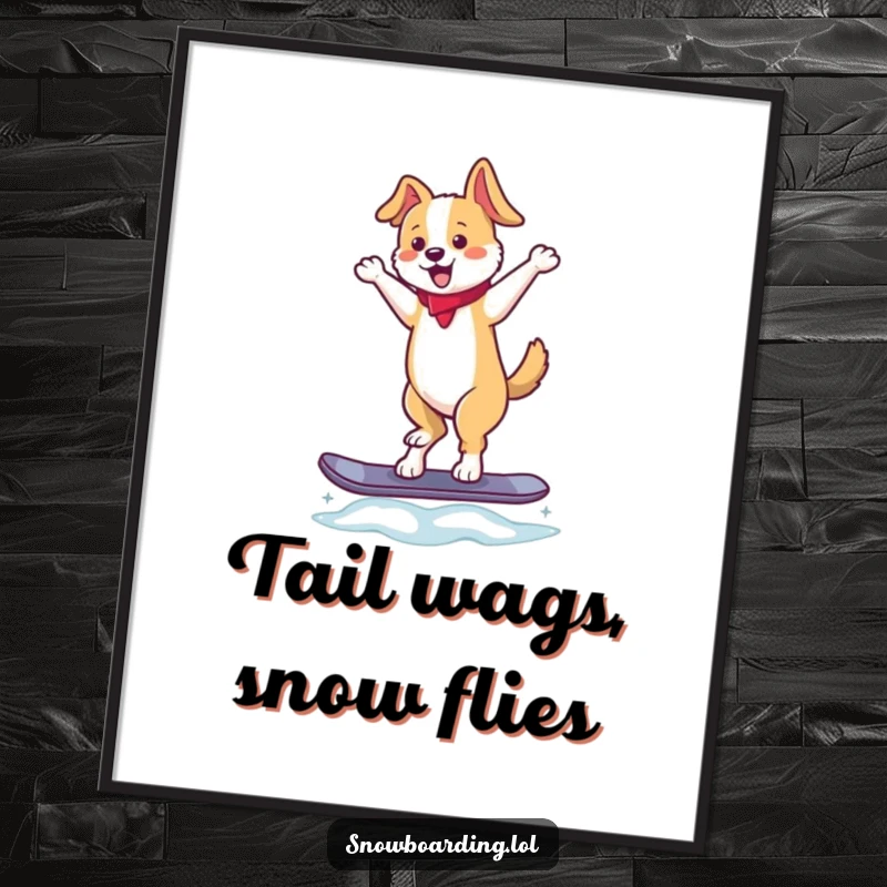 Funny poster capturing a dancing dog balancing on a snowboard with a wagging tail, adding a hilarious touch to any room decor.